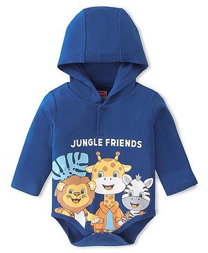 Babyhug 100% Cotton Interlock Knit Full Sleeves Hooded Onesies With Wild Animals Print - Navy Blue