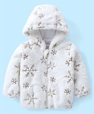 Babyhug Woven Full Sleeves Front Open Hooded Fur Jacket With Snow Flex Design - Off White