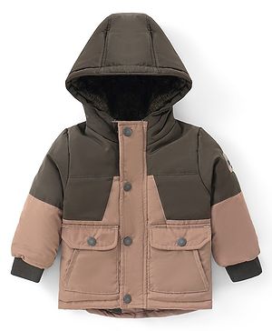 Babyhug Woven Full Sleeves Solid Color Padded Hooded Jacket with Cut & Sew Design - Beige