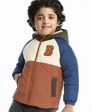 Babyhug Full Sleeves Padded Winter Jacket with Hood & Text Patch- Brown Navy & White