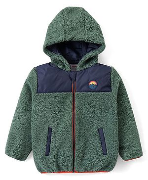 Babyhug Full Sleeves Front Open Hooded Sweatjacket with Cut & Sew Design & Patch Detailing - Green