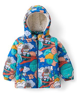 Babyhug Woven Full Sleeves Padded Hooded Jacket With Space Theme Design - Blue