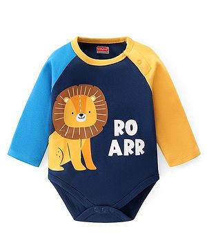 Babyhug 100% Cotton Knit Full Raglan Sleeves  Onesie with Lion Print - Navy Blue