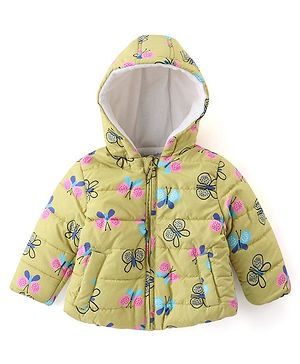 Babyhug Woven Full Sleeves Padded Hooded Jacket With Butterfly Print - Yellow