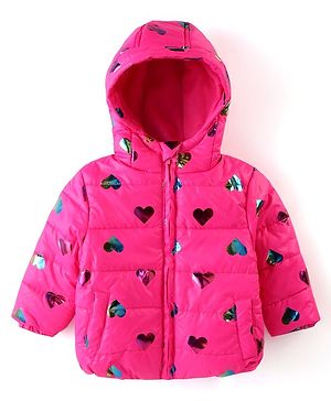 Babyhug Woven Full Sleeves Padded Hooded Jacket With Metallic Hearts Print - Fuchsia