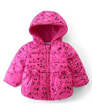 Babyhug Woven Full Sleeves Padded Hooded Jacket With Metallic Print & Bow Applique - Pink