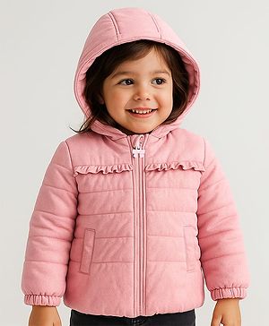 Babyhug Full Sleeves Front Open Padded Hooded Jacket with Solid Colour & Frill Detailing - Pink