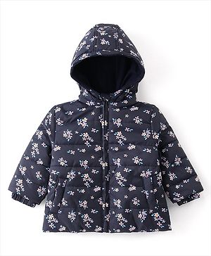 Babyhug Full Sleeves Front Open Padded Hooded Jacket with Floral Print - Blue