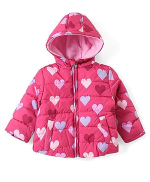 Babyhug Woven Full Sleeves Front Open Padded Hooded Jacket with Hearts Print - Pink