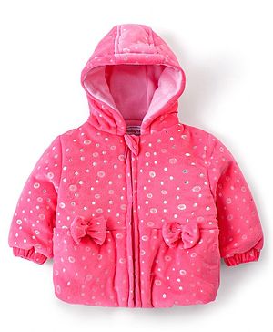 Babyhug Full Sleeves Hooded Sweatjacket With Polka Dot Design & Bow Applique - Pink