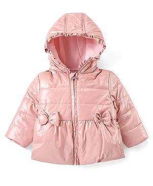 Babyhug Woven Full Sleeves Front Open Padded Hooded Jacket with Bow Applique - Pink