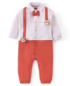 Babyhug Interlock Knit Full Sleeves Solid Colour  Romper With Bear & Lion Applique & Bow - Rust Orange