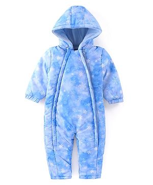 Babyhug Woven Full Sleeves Winter Wear Hooded Romper with Snowflake Print -  Blue