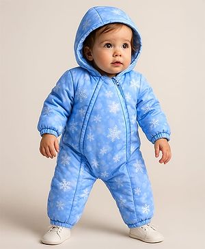 Babyhug Woven Full Sleeves Winter Wear Hooded Romper with Snowflake Print -  Blue