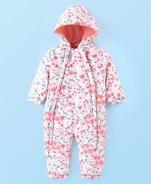 Babyhug Woven Full Sleeves Winter Wear Hooded Romper with Floral Print - Pink