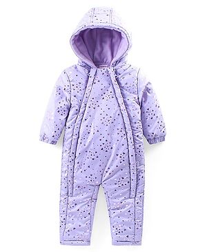Babyhug Full Sleeves Hooded  Winter Romper Hearts Foil Print - Lavender