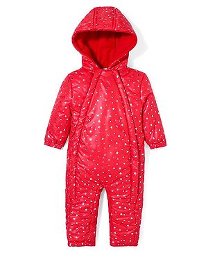 Babyhug Full Sleeves Hooded  Winter Romper Star Foil Print - Red