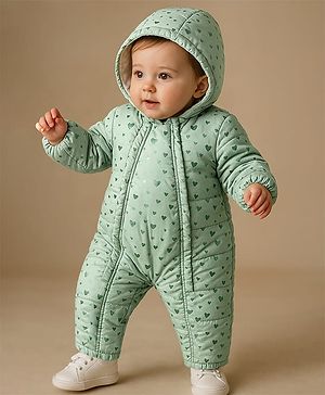 Babyhug Full Sleeves Hooded  Winter Romper Hearts Foil Print - Sea Green