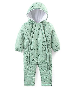 Babyhug Full Sleeves Hooded  Winter Romper Hearts Foil Print - Sea Green