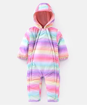 Babyhug Woven Full Sleeves Winter Wear Hooded  Striped Romper - Multicolour