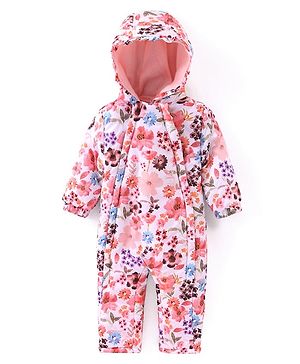 Babyhug Woven Full Sleeves Winter Wear Hooded Romper with Floral Print - Multicolour
