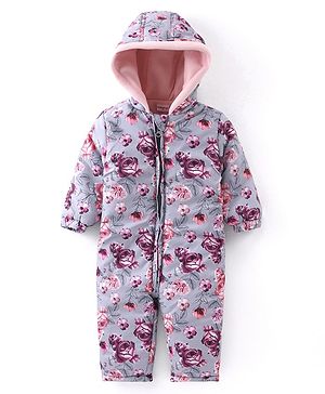 Babyhug Woven Full Sleeves Winter Wear Hooded Romper with Floral Print - Grey