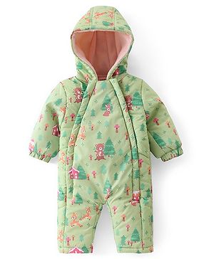 Babyhug Woven Full Sleeves Hooded   Winter Romper with Zipper Christmas Theme - Limegreen