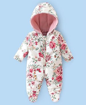 Babyhug Woven Full Sleeves Hooded Romper Floral Print - White