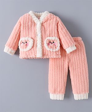 Kookie Kids Full Sleeves Front Open Winter Wear Night Suit With Applique- Pink