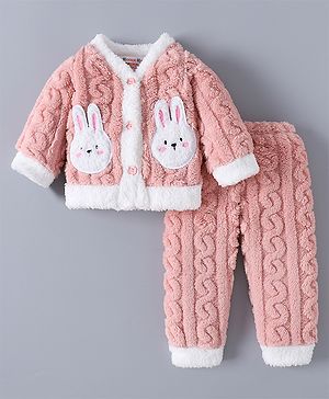 Kookie Kids Full Sleeves Winter Wear Night Suit with Bunny Aplique - Pink