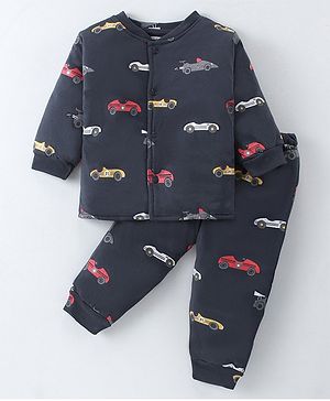 Simply Quilted Cotton Knit Full Sleeves Winter Wear Co-Ord Suit With Cars Print - Navy