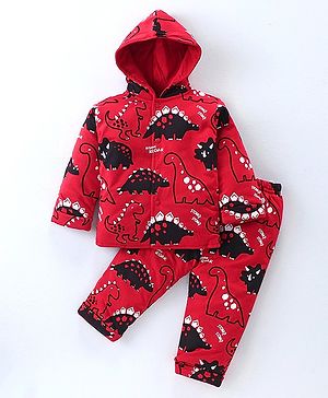 Simply Quilted Cotton Full Sleeves Hooded Winter Wear Co-Ord Padded Suit With Dinosaur Print - Red