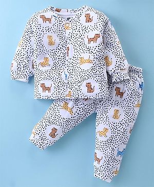 Simply Quilted Cotton Full Sleeves Winter Wear Co-Ord Padded Suit With Tiger Print - White