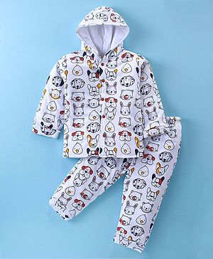 Simply Quilted Cotton Knit Full Sleeves Hooded Winter Wear Padded Co-Ord Suit With Animals Print - White