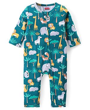 Babyhug 100% Cotton Knit Full Sleeves Romper Animal Print - Dark Green