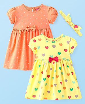 Babyhug Single Jersey Knit Half Sleeves Polka Dot & Heart Printed Frocks With Bow Applique & Headband Pack of 2 - Orange & Yellow