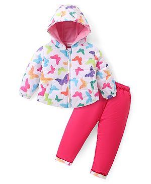 Babyhug Woven Full Sleeves Hooded Puffer Winter Wear Suit With Butterfly  Print - White