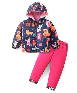 Babyhug Woven Full Sleeves Hooded Puffer Winter Wear Suit With Animals Print - Navy