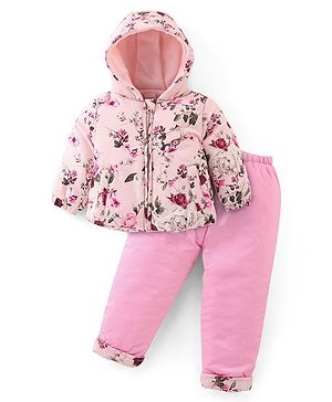 Babyhug Full Sleeves Hooded Puffer Winter Wear Suit With Floral Print - Pink