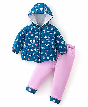 Babyhug Woven Full Sleeves Hooded Puffer Winter Wear Suit With Floral & Unicorn Print - Multicolor