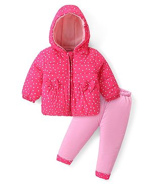 Babyhug Woven Full Sleeves Hooded Puffer Winter Wear Suit With Polka Dots Print - Pink