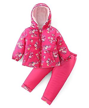 Babyhug Woven Full Sleeves Hooded Puffer Winter Wear Suit With Floral Print - Pink