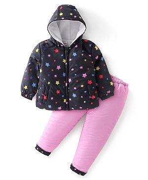 Babyhug Woven Full Sleeves Hooded Puffer Jacket & Lounge Pants Set With Stars Print - Navy