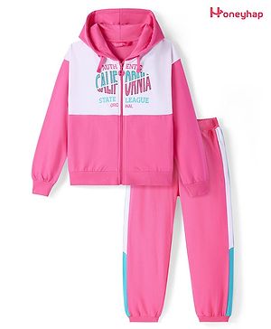 Honeyhap 100% Cotton Looper Knit Full Sleeves Hooded  Front Open Winter Wear Sweatshirt & Lounge Pant Set with Bio Finish & Text Print - Fandango Pink Bright White &  Atlantis Blue