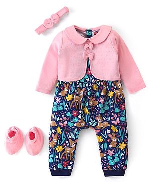 Babyhug 100% Interlock Cotton Knit Full Sleeves Romper With Booties & Headband With Bow Detailing - Multicolour