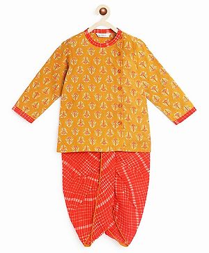 Campana 100% Cotton Full Sleeves Floral & Leheriya Printed Kurta With Dhoti Set - Mustard & Orange