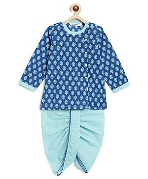 Campana 100% Cotton Full Sleeves Floral & Stripes Printed Kurta With Dhoti Set - Royal Blue & Turquoise