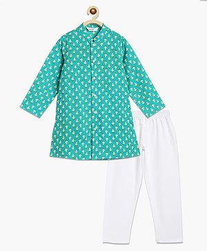 Campana 100% Cotton Full Sleeves Paisley Printed Button Down Kurta Pyjama Set - Turquoise & White