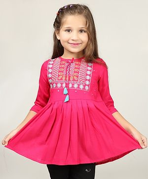 ISHTI Three Fourth Sleeves Floral Embroidered Top -  Rani