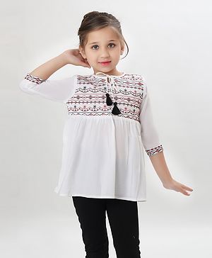 ISHTI Rayon Three Fourth Sleeves Abstract Embroidered Top - White